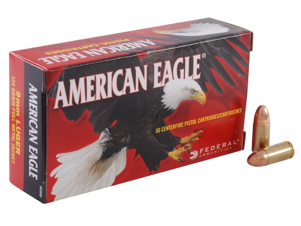Federal American Eagle Ammunition 9mm Luger 124 Grain Full Metal Jacket Federal American Eagle Ammunition 9mm Luger 124 Grain Full Metal Jacket