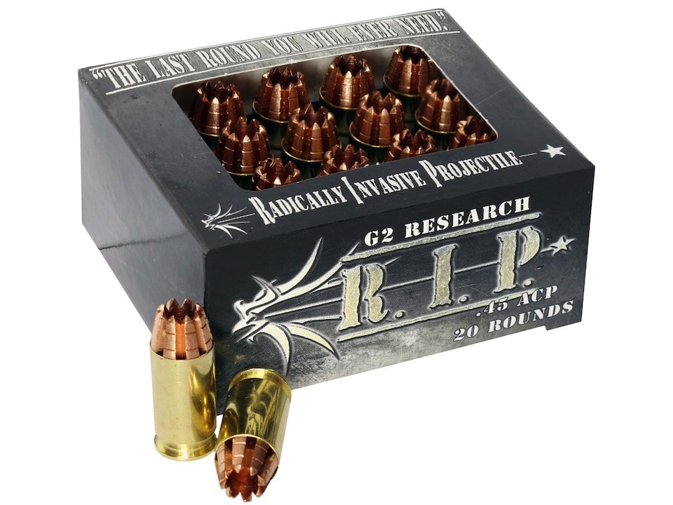 G2 Research R.I.P. Ammunition 45 ACP 162 Grain Radically Invasive Projectile Fragmenting Solid Copper Lead-Free Box of 20 G2 Research R.I.P. Ammunition 45 ACP 162 Grain Radically Invasive Projectile Fragmenting Solid Copper Lead-Free Box of 20