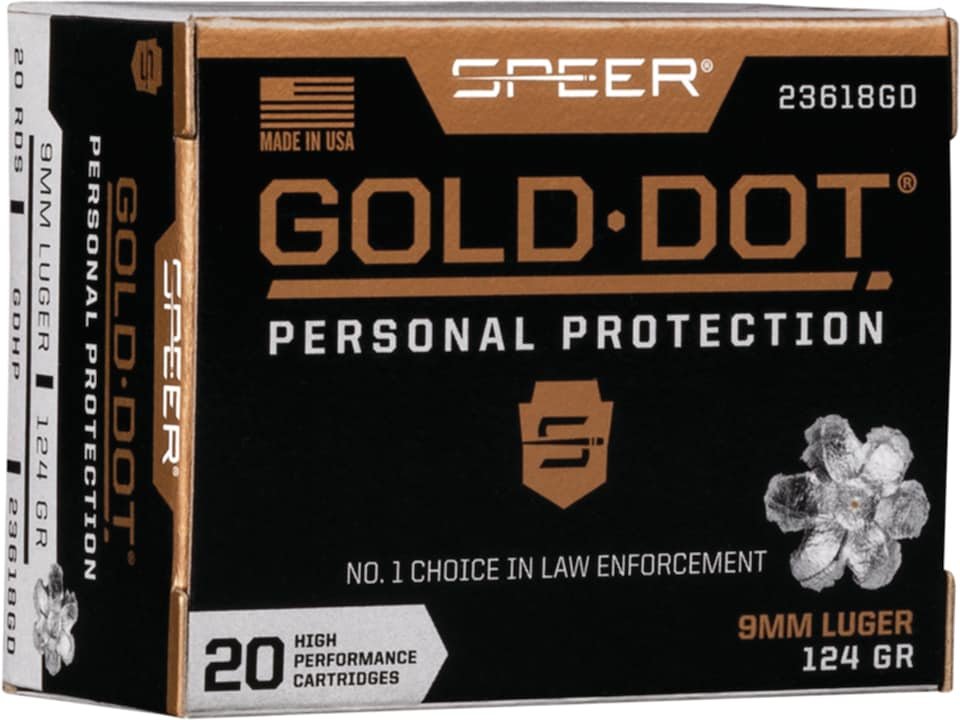 Speer Gold Dot Ammunition 9mm Luger 124 Grain Jacketed Hollow Point Box of 20 Speer Gold Dot Ammunition 9mm Luger 124 Grain Jacketed Hollow Point Box of 20